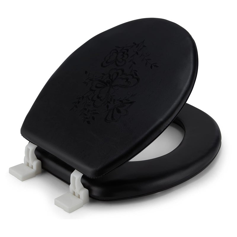 J&V Textiles Embroidered Soft Round Toilet Seat With Easy Clean & Change Hinge, Padded (Black) - Image 1